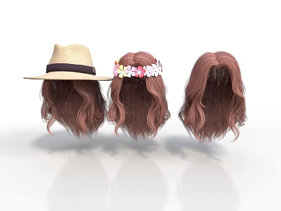 Woman Wearing Brown Curly Hair Wigs With Straw Hat And Flower Headband 3d model