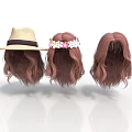 Woman Wearing Brown Curly Hair Wigs With Straw Hat And Flower Headband
