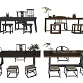 Traditional Chinese Tea Table and Chairs with Tea Sets Potted Plants and Wooden Design