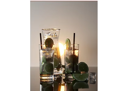 Clear Glasses With Ice Cubes Lime Slices And Refreshing Cold Drink On Table 3d model