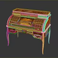 Antique Roll Top Writing Desk with Ornate Gold Red Inlay Carvings Classic Wooden Decorative Details
