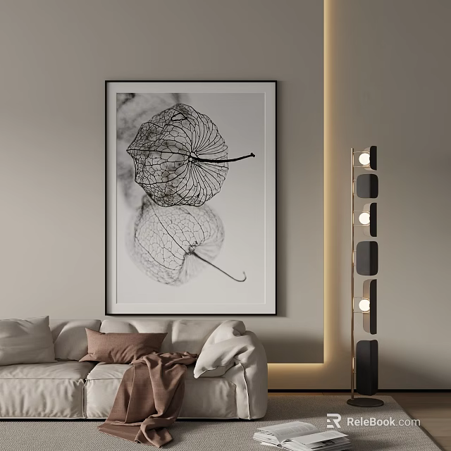 Black And White Botanical Wall Art In Modern Living Room 3d model 