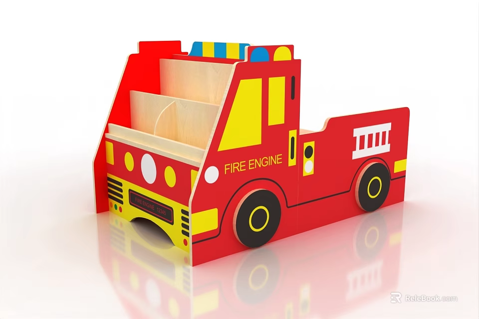 Red And Yellow Fire Engine Shaped Kids Bookcase With Playful Design 3d model 