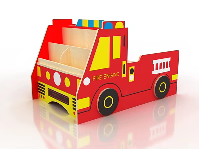 Red And Yellow Fire Engine Shaped Kids Bookcase With Playful Design 3d model