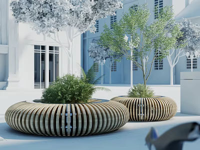 Circular Wooden Landscape Seats with Green Plants in Outdoor Space with White Building and Trees 3d model