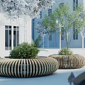 Circular Wooden Landscape Seats with Green Plants in Outdoor Space with White Building and Trees