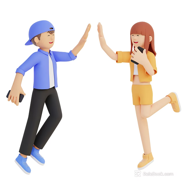 Man In Blue Casual Clothes High Fiving Cheerful Woman With Yellow Outfit Holding Smartphones 3d model 