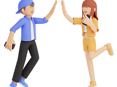 Man In Blue Casual Clothes High Fiving Cheerful Woman With Yellow Outfit Holding Smartphones 3d model