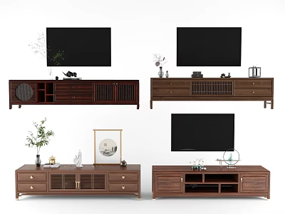 Modern Wooden TV Stand With Drawers Cabinets Open Shelves And Decorative Plants 3d model