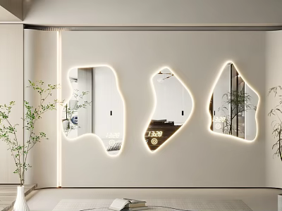 Irregular Shaped LED Backlit Mirrors With Modern Interior Reflection And Green Plant 3d model