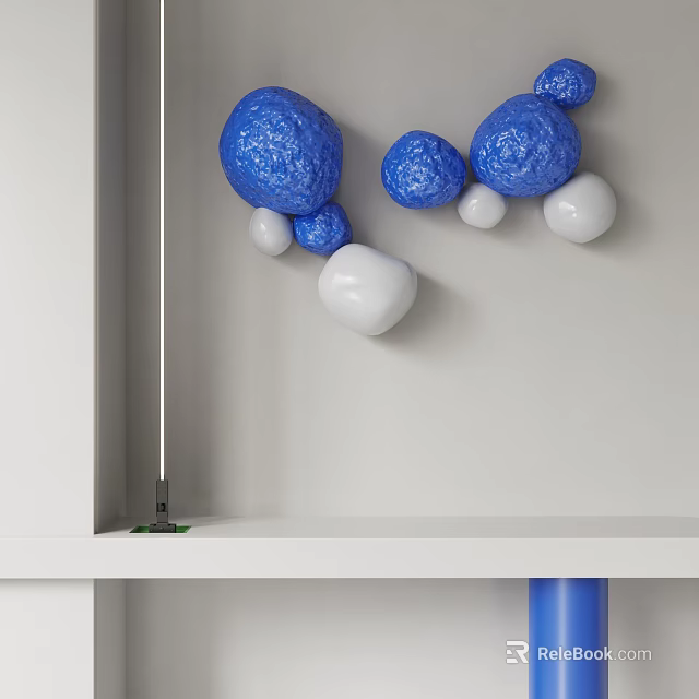 Blue And White Spherical Balls Wall Decor On White Wall With Shelf 3d model