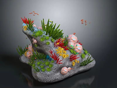 Underwater Coral Reef Scene With Rocky Structure Seaweed Colorful Corals And Small Fish 3d model