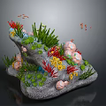 Underwater Coral Reef Scene With Rocky Structure Seaweed Colorful Corals And Small Fish