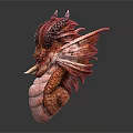 Artistic Two Red Orange Dragon Head Sculptures With Detailed Horns And Wings