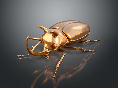 Golden Metallic Beetle With Shiny Surface And Detailed Horns On Dark Background 3d model