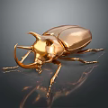 Golden Metallic Beetle With Shiny Surface And Detailed Horns On Dark Background