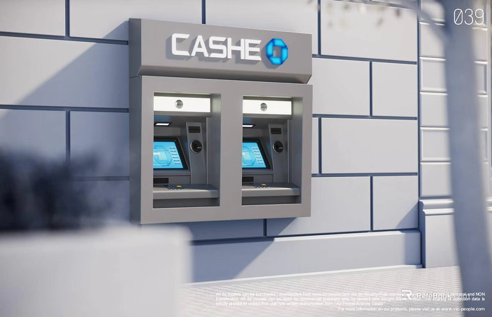 CASHE Brand Double ATM Machines Public Facility Mounted on Building Wall with Blue Screens 3d model 