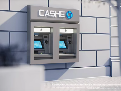 CASHE Brand Double ATM Machines Public Facility Mounted on Building Wall with Blue Screens 3d model