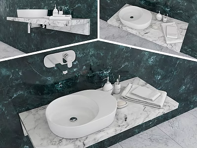 Modern Bathroom Interior With White Washbasin On Marble Countertop And Green Wall 3d model
