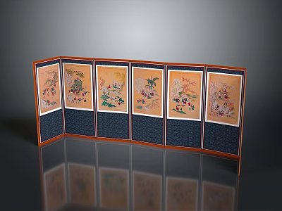 Natural Scenery On Six Panel Screen With Floral Bird Patterns Orange Borders Dark Blue Background 3d model