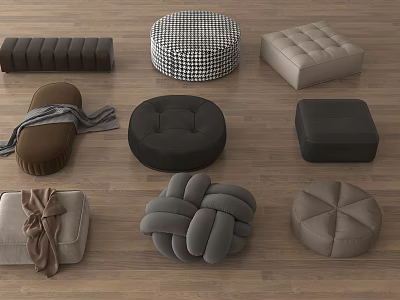 Various Stylish Cushions and Ottomans with Different Shapes Textures and Neutral Colors on Wooden Floor 3d model