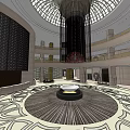 Elegant Modern Hotel Lobby Featuring Dome Ceiling Chandelier Circular Centerpiece And Patterned Floor