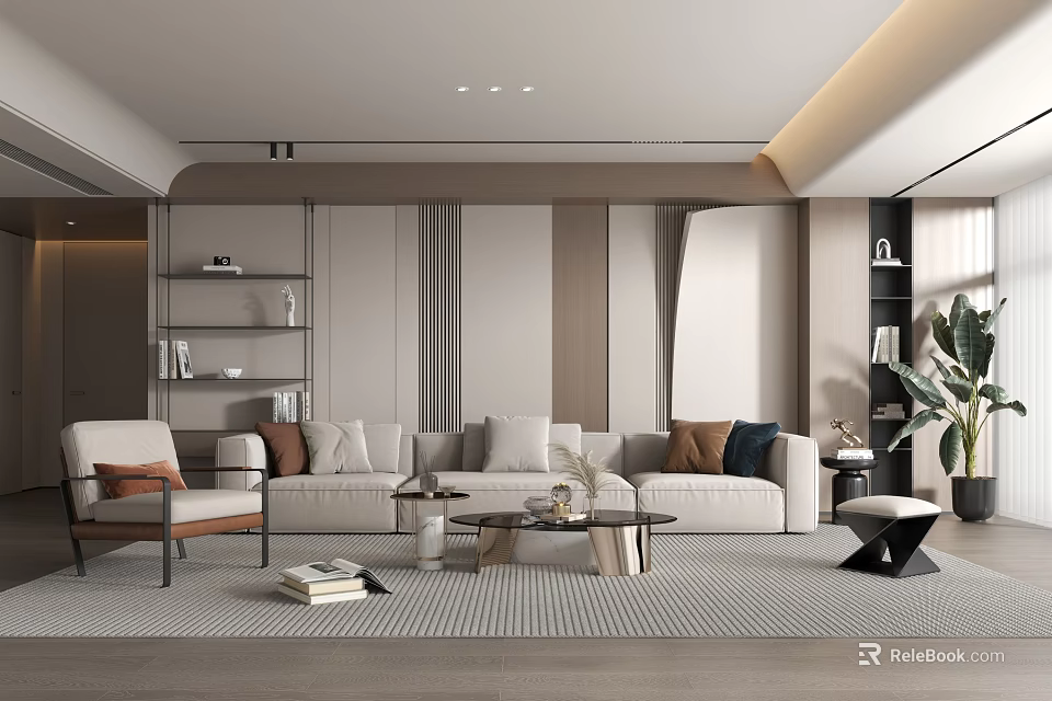 Modern Living Room Interior Design With Sofa Armchair Coffee Table Bookshelves And Potted Plant 3d model 