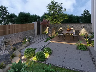 Modern Outdoor Garden Landscape With Wooden Fence Stone Wall Deck Steps And Dining Area 3d model