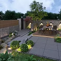 Modern Outdoor Garden Landscape With Wooden Fence Stone Wall Deck Steps And Dining Area