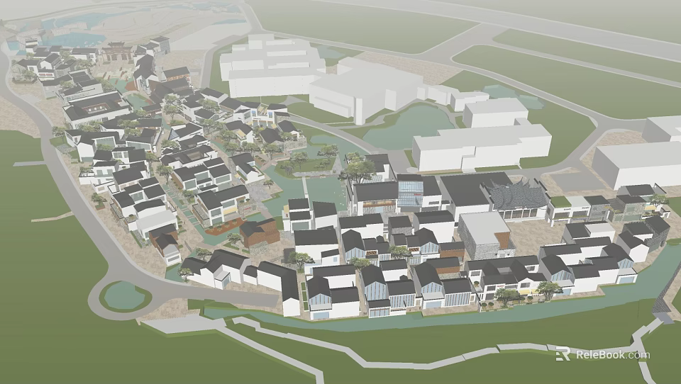 Planned Commercial Landscape with Mixed Use Buildings Roads and Green Spaces 3d model 