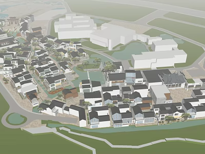Planned Commercial Landscape with Mixed Use Buildings Roads and Green Spaces 3d model