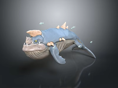 3D Rendered Blue Horned Marine Creature With Back Spikes And Small Fish Around 3d model