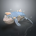 3D Rendered Blue Horned Marine Creature With Back Spikes And Small Fish Around