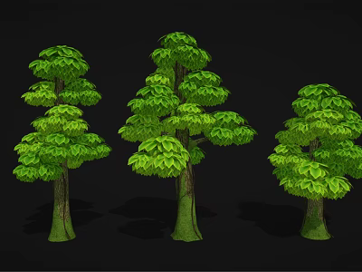 Cartoon Scene Featuring Three Green Leafy Trees With Lush Foliage And Trunk Details 3d model