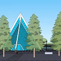 Modern Blue Geometric Building with Glass Facade and Trees Near Road