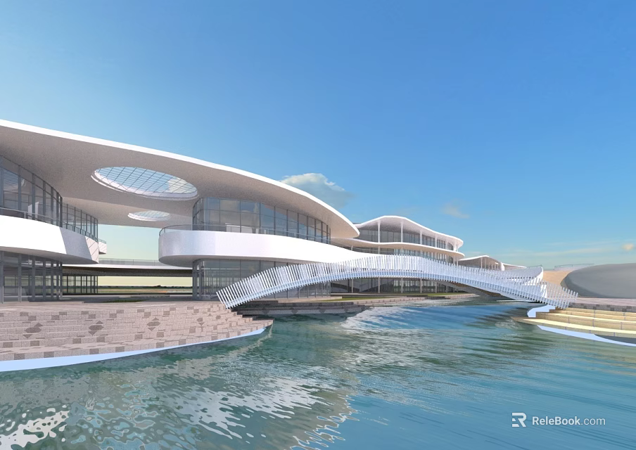 Modern Waterfront Commercial Complex with Glass Facade Curved Roof and Bridge Walkway Under Clear Sky 3d model 