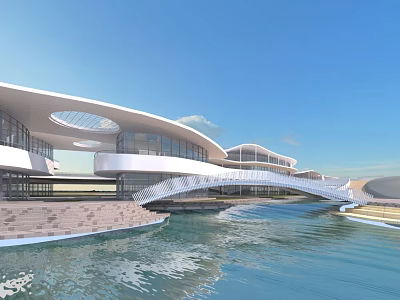 Modern Waterfront Commercial Complex with Glass Facade Curved Roof and Bridge Walkway Under Clear Sky 3d model