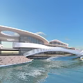 Modern Waterfront Commercial Complex with Glass Facade Curved Roof and Bridge Walkway Under Clear Sky