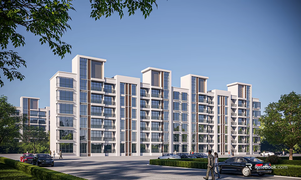 Modern Multi Storey School Building With White Exterior Glass Windows Trees Cars And Pedestrians 3d model 