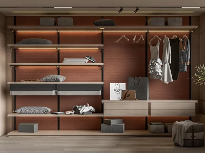 Modern Walk in Closet With Wooden Shelves Hanging Clothes And Storage 3d model
