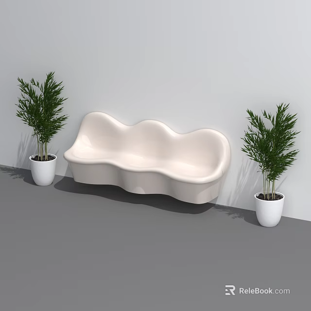 White Wavy Sofa With Green Plants In Modern Indoor Setting With Gray Floor 3d model 