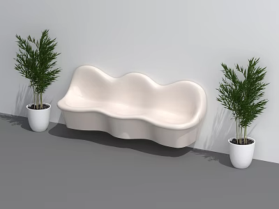 White Wavy Sofa With Green Plants In Modern Indoor Setting With Gray Floor 3d model