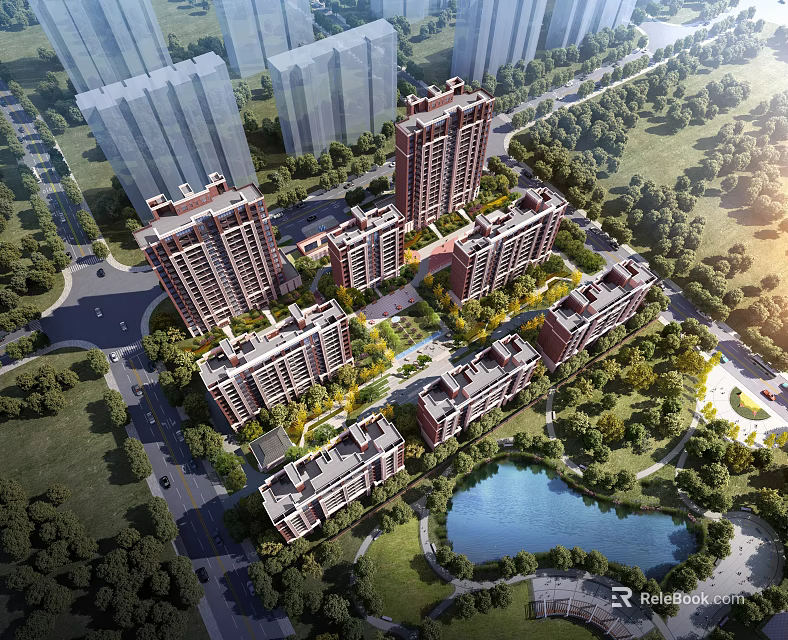 Birds Eye View Planning Of Residential Community With Lakes Greenery And Buildings 3d model 