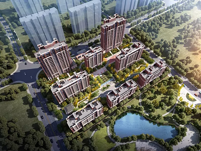 Birds Eye View Planning Of Residential Community With Lakes Greenery And Buildings 3d model