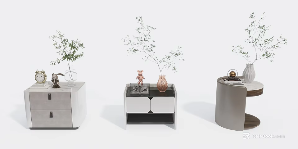 Modern Bedside Tables With Different Designs Decorative Vases And Storage Drawers 3d model