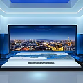 Modern Digital Display System With Cityscape Screen Blue Lighting And Map Model