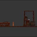 Cartoon Scene of Outdoor Wooden Tavern with Kiosk Tables Benches Barrels Fences and Brick Wall