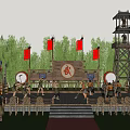 Ancient Style Park Scenery with Watchtower Red Flags Drums Armored Figures and Green Lawn