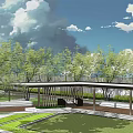 Modern Curved Pergola Design In Garden With Lawn Trees And Paved Area