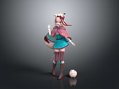 Cat Ear Girl With Pink Hair In Blue Outfit And Small White Round Creature 3d model